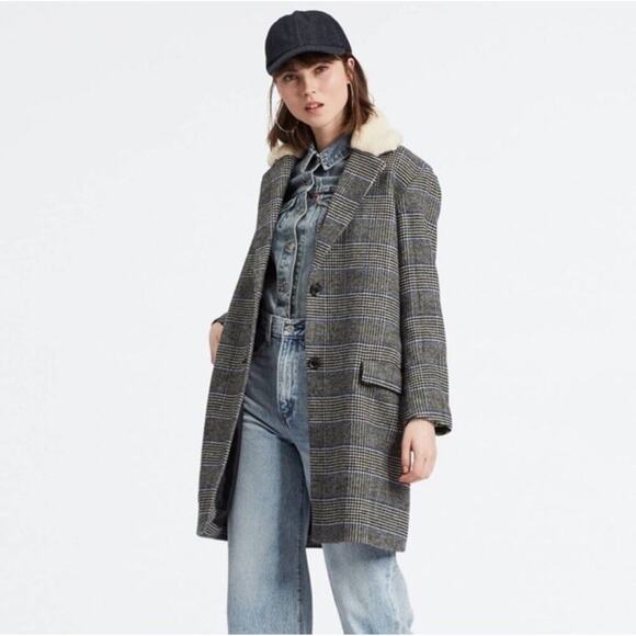 Levi’s Amaya‎ Wool Coat Houndstooth Plaid Faux Fur Collar Women’s Size Medium - Picture 1 of 13